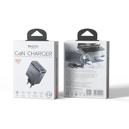 Yesido YC101 nettverkslader, 65W, 3.25A, 1 x USB-A - 2 x USB-C, Svart