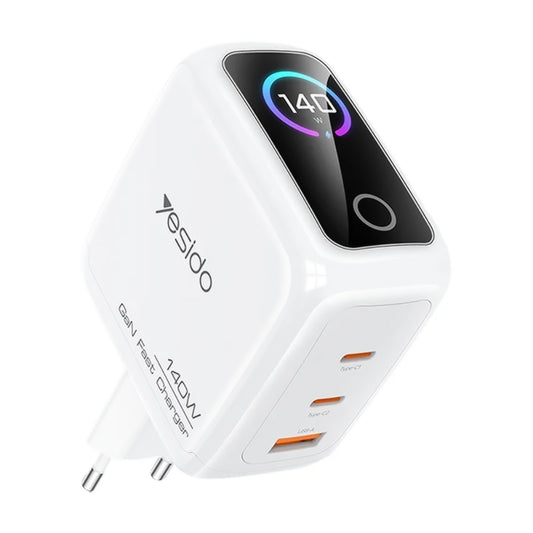 Yesido YC114 nettadapter med skjerm, 140W, 5A, 1 x USB-A - 2 x USB-C, hvit