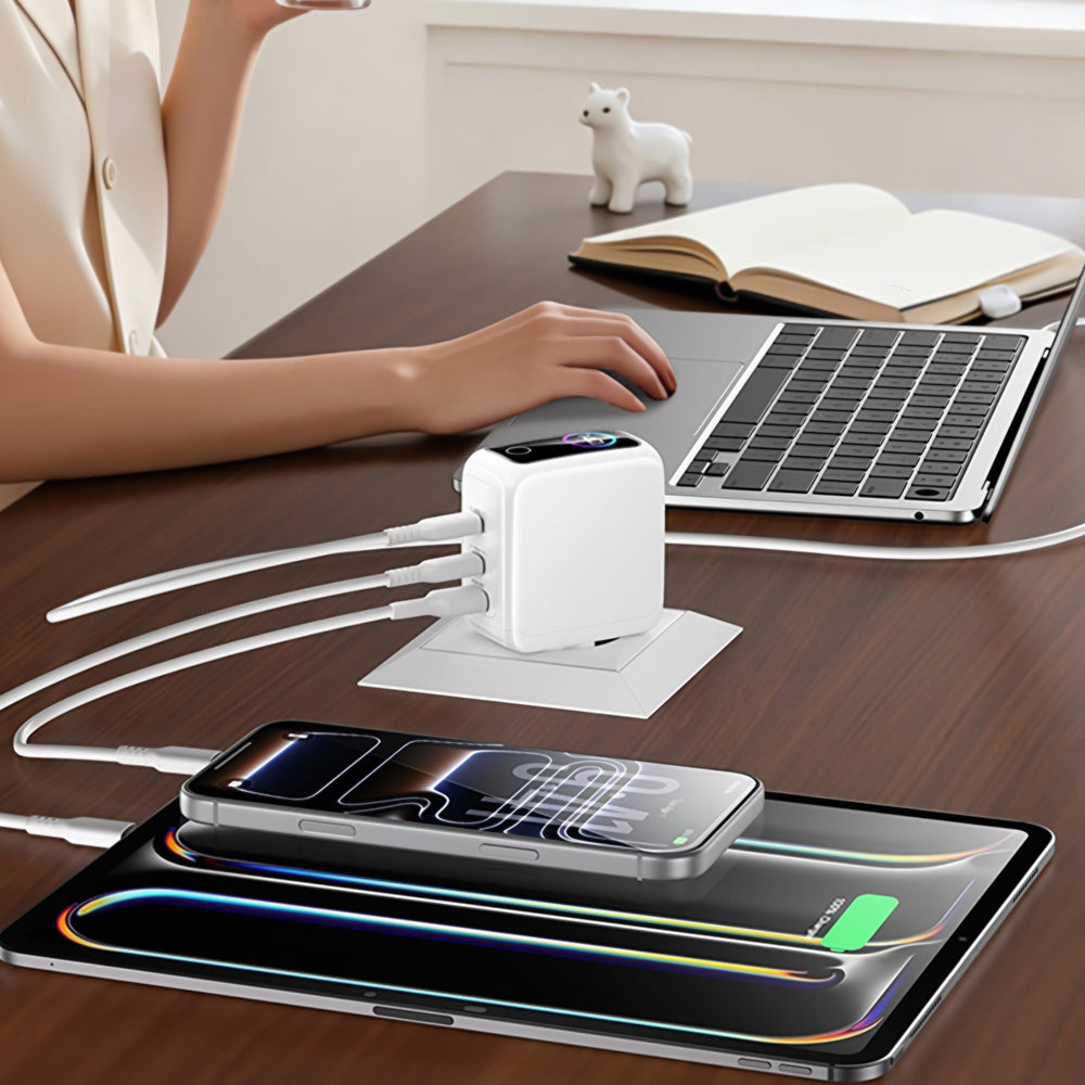 Yesido YC114 nettadapter med skjerm, 140W, 5A, 1 x USB-A - 2 x USB-C, hvit