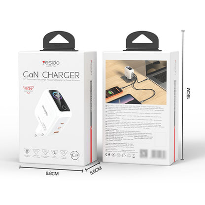 Yesido YC114 nettadapter med skjerm, 140W, 5A, 1 x USB-A - 2 x USB-C, hvit