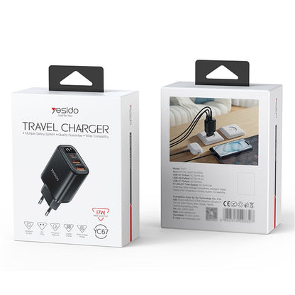 Lader for nettverk Yesido YC67 Display, 17W, 2.4A, 2 x USB-A - 1 x USB-C, Svart