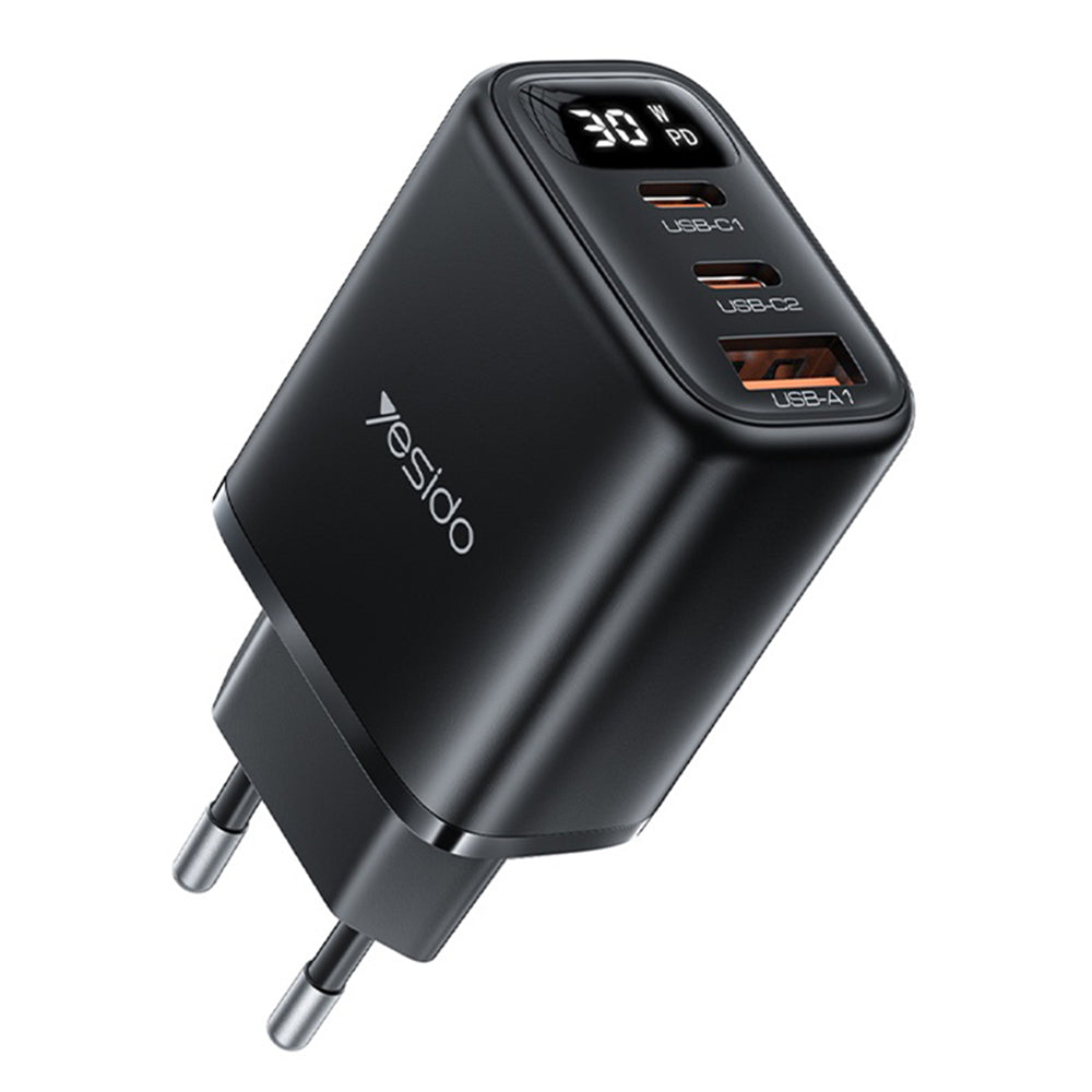 Yesido YC69 Display Nettlader, 30W, 3A, 1 x USB-A - 2 x USB-C, Svart