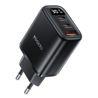 Yesido YC69 Display Nettlader, 30W, 3A, 1 x USB-A - 2 x USB-C, Svart