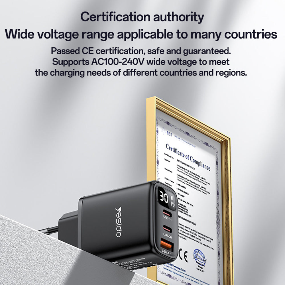 Yesido YC69 Display Nettlader, 30W, 3A, 1 x USB-A - 2 x USB-C, Svart