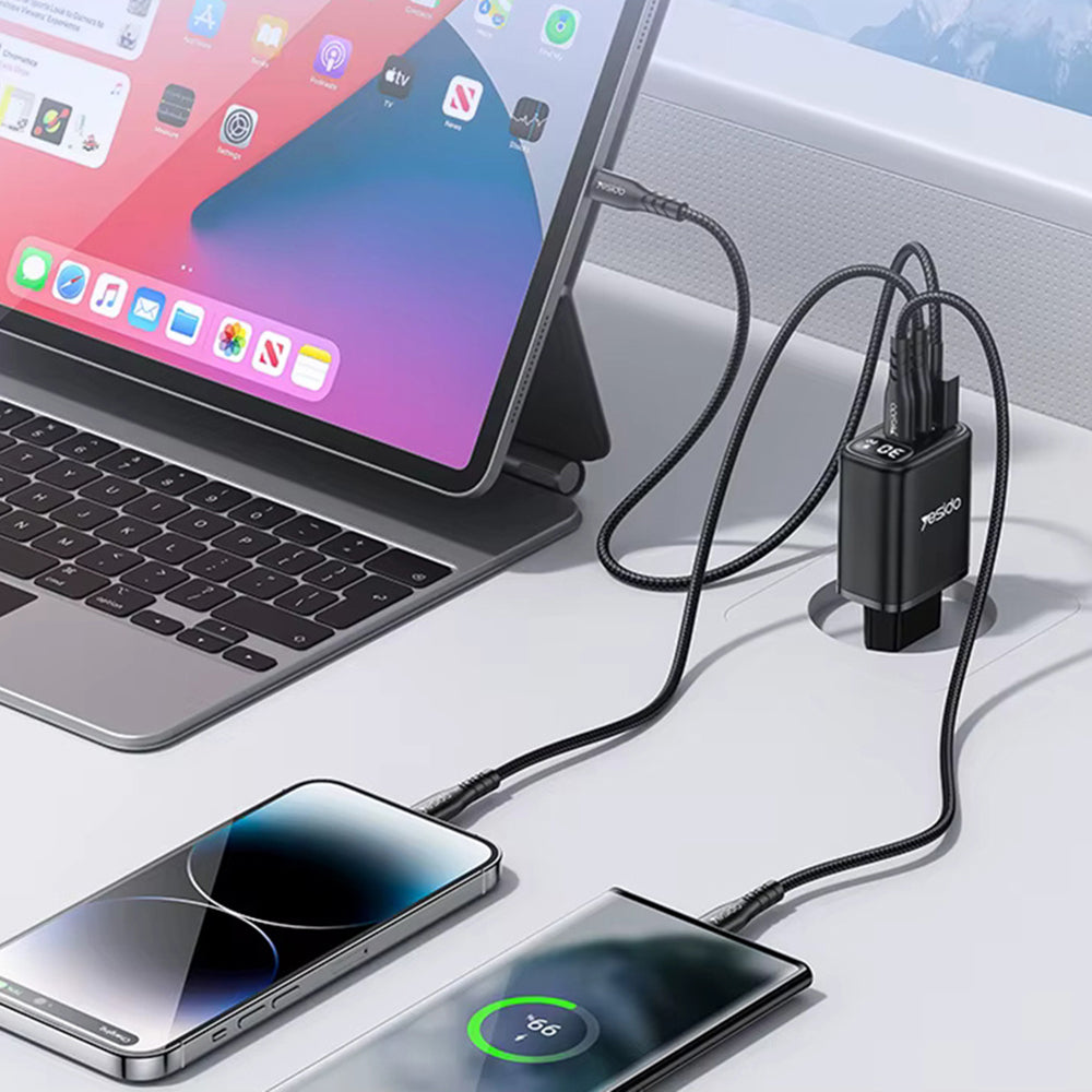 Yesido YC69 Display Nettlader, 30W, 3A, 1 x USB-A - 2 x USB-C, Svart