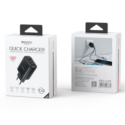 Yesido YC69 Display Nettlader, 30W, 3A, 1 x USB-A - 2 x USB-C, Svart