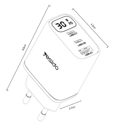 Yesido YC69 Display Nettlader, 30W, 3A, 1 x USB-A - 2 x USB-C, Svart