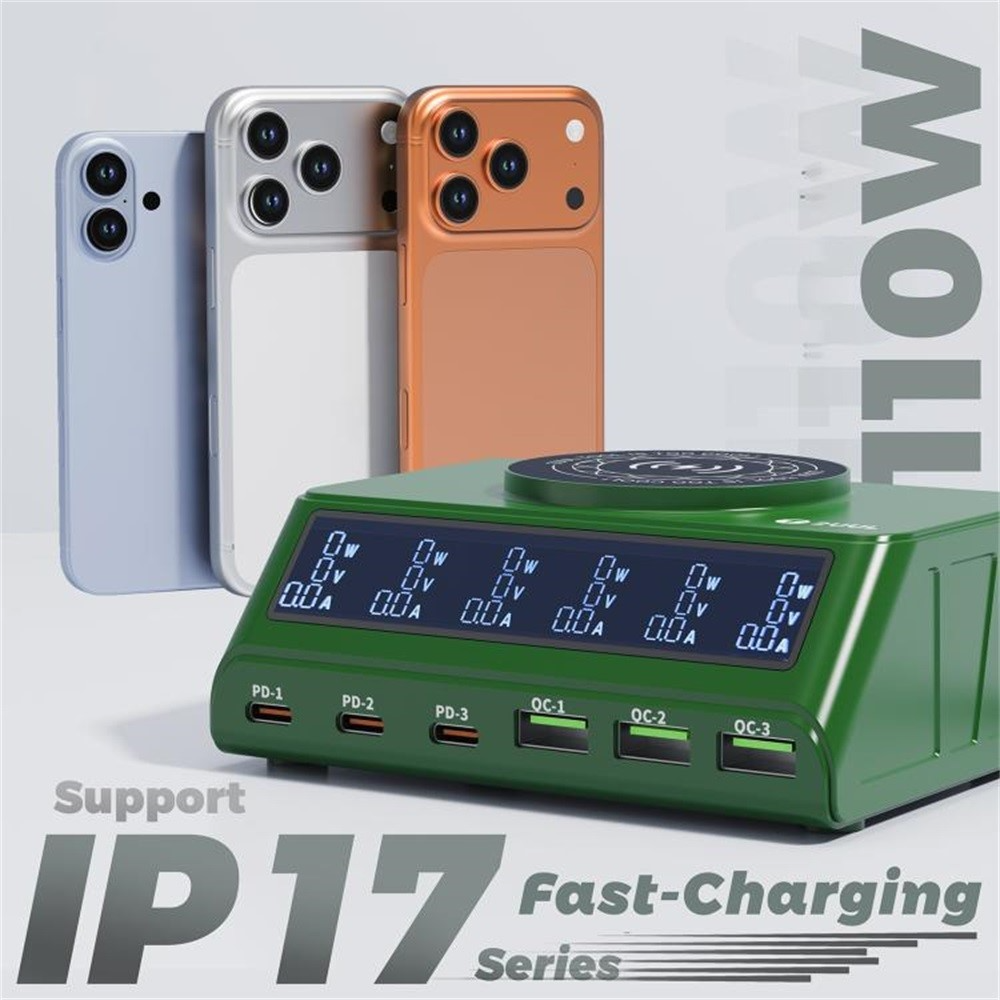 Laderstasjon 2UUL PC11 QI, 110W, 3A, 3 x USB-A - 3 x USB-C, Grønn