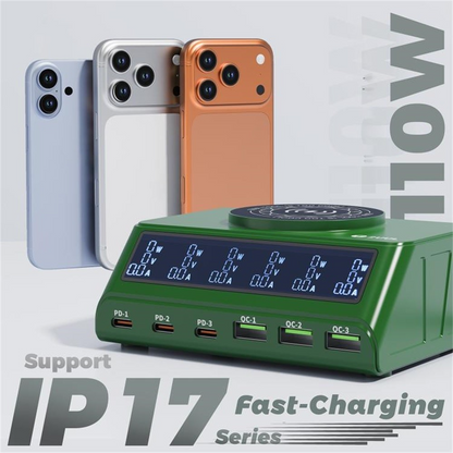 Laderstasjon 2UUL PC11 QI, 110W, 3A, 3 x USB-A - 3 x USB-C, Grønn
