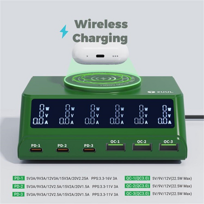 Laderstasjon 2UUL PC11 QI, 110W, 3A, 3 x USB-A - 3 x USB-C, Grønn