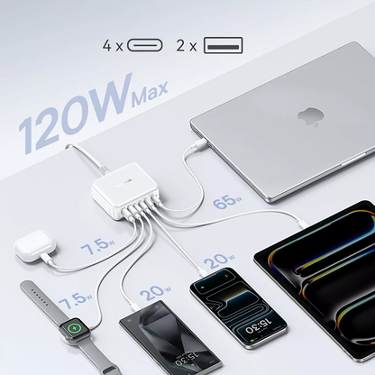 Baseus EnerFill FH21 ladestasjon, 120W, 3,25A, 2 x USB-A - 4 x USB-C, hvit E0120T01