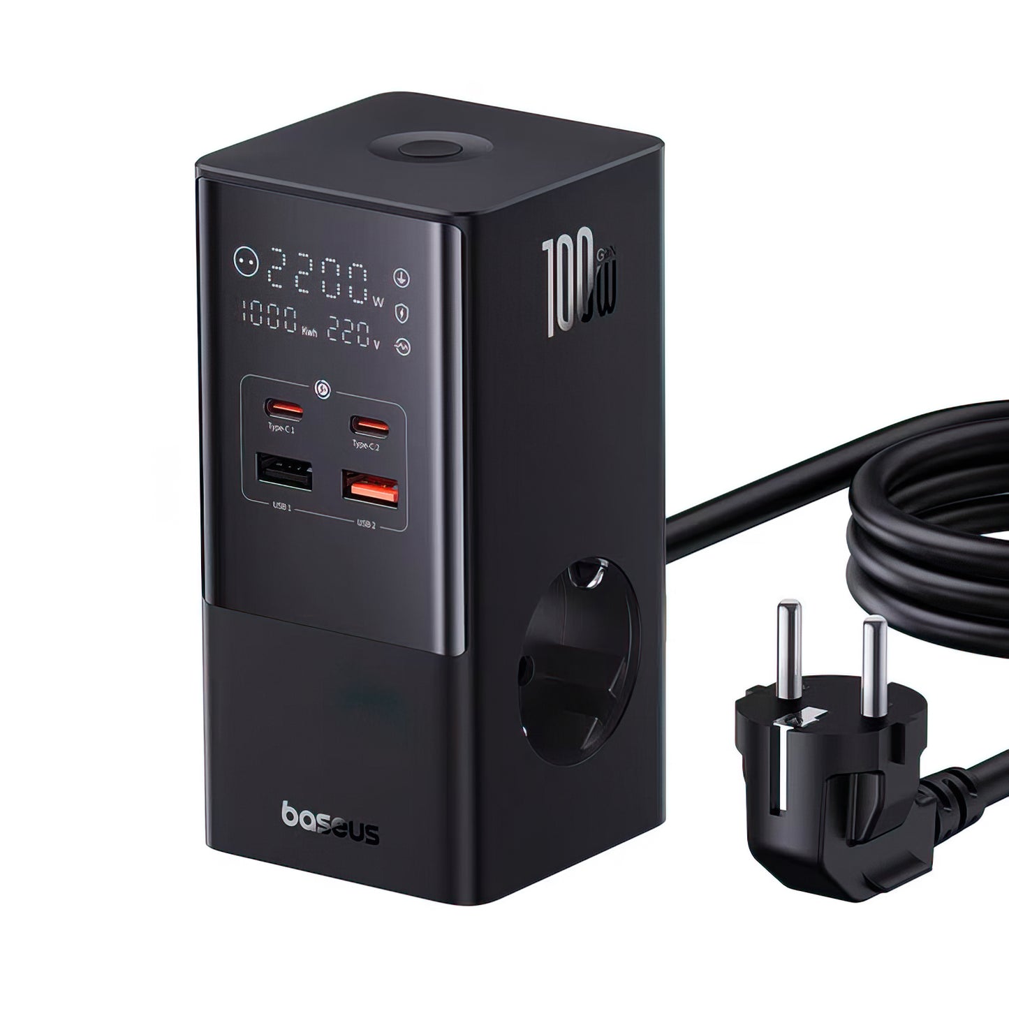 Baseus PowerCombo Tower ladestasjon, 100W, 5A, 2 x Schuko - 2 x USB-A - 2 x USB-C, Svart E00023609113-00