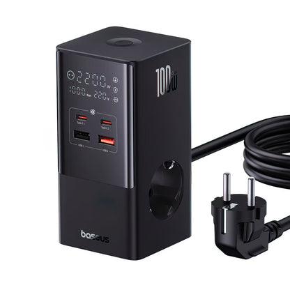 Baseus PowerCombo Tower ladestasjon, 100W, 5A, 2 x Schuko - 2 x USB-A - 2 x USB-C, Svart E00023609113-00