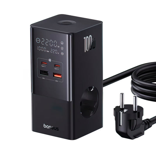 Baseus PowerCombo Tower ladestasjon, 100W, 5A, 2 x Schuko - 2 x USB-A - 2 x USB-C, Svart E00023609113-00