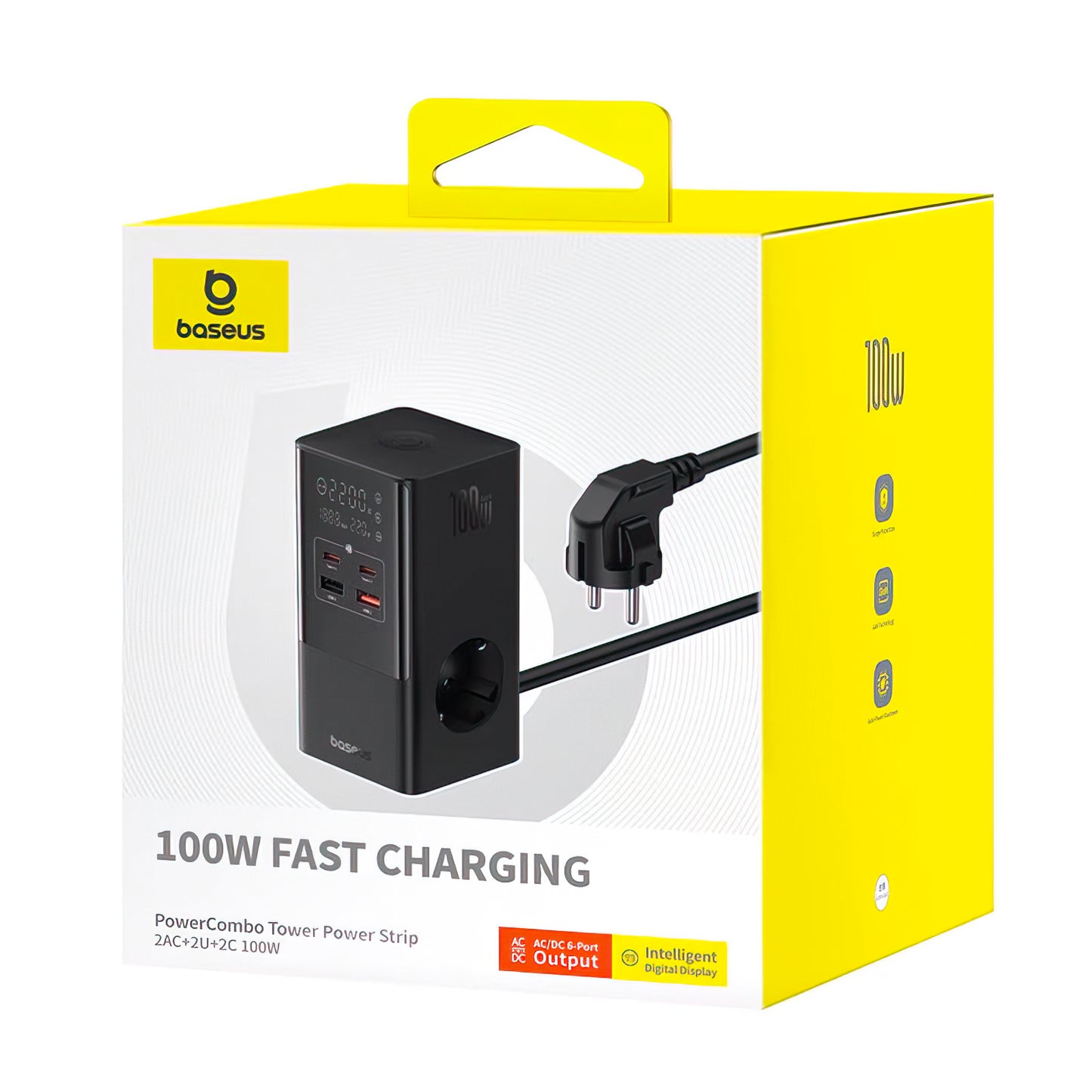 Baseus PowerCombo Tower ladestasjon, 100W, 5A, 2 x Schuko - 2 x USB-A - 2 x USB-C, Svart E00023609113-00