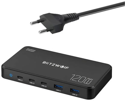 BlitzWolf BW-i100 ladestasjon, 120W, 5A, 2 x USB-A - 3 x USB-C, Svart