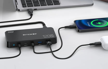 BlitzWolf BW-i100 ladestasjon, 120W, 5A, 2 x USB-A - 3 x USB-C, Svart