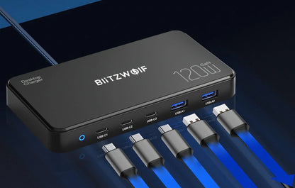 BlitzWolf BW-i100 ladestasjon, 120W, 5A, 2 x USB-A - 3 x USB-C, Svart