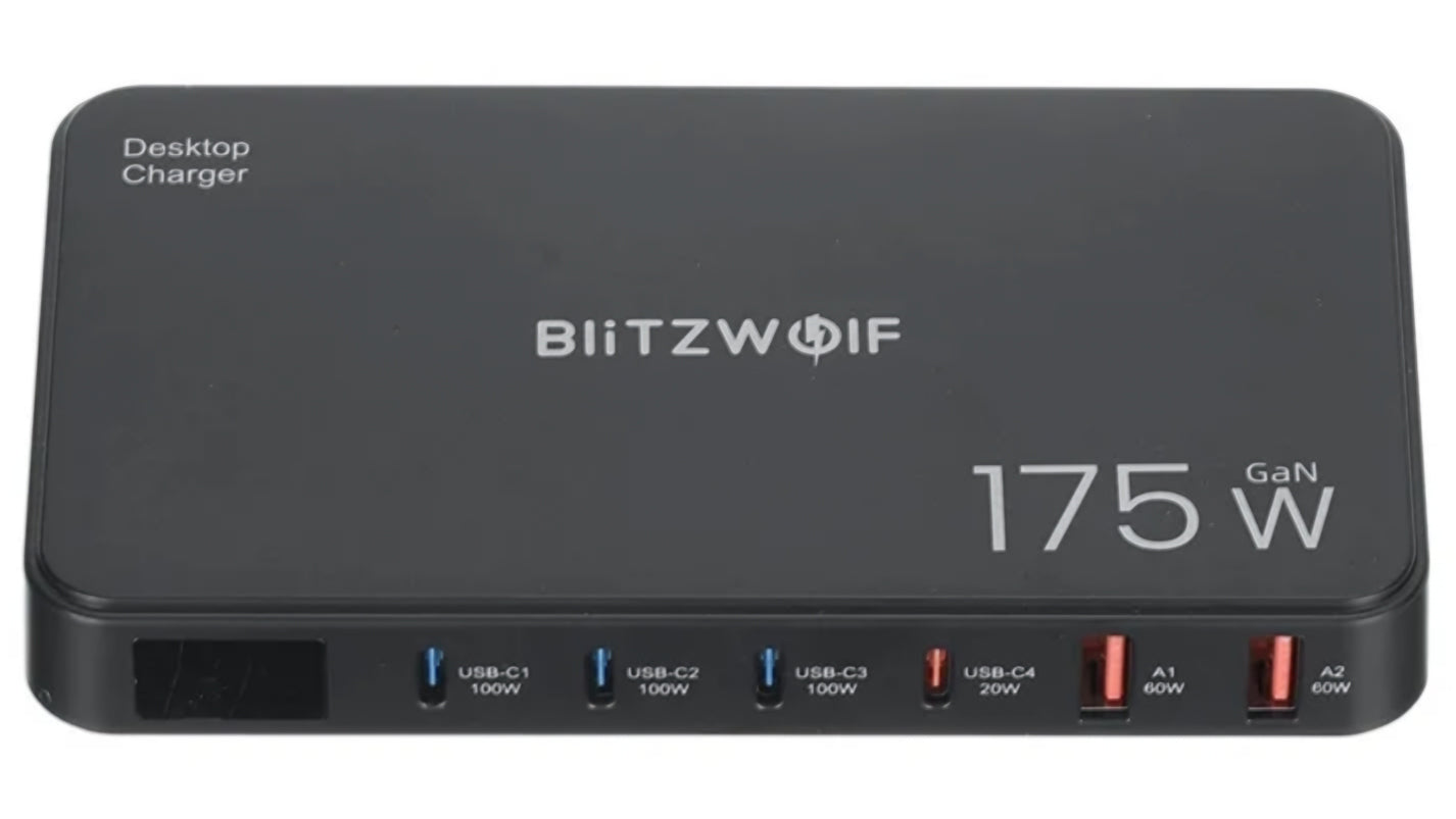 Ladestasjon BlitzWolf BW-S30, 175W, 5A, 2 x USB-A - 4 x USB-C, Svart
