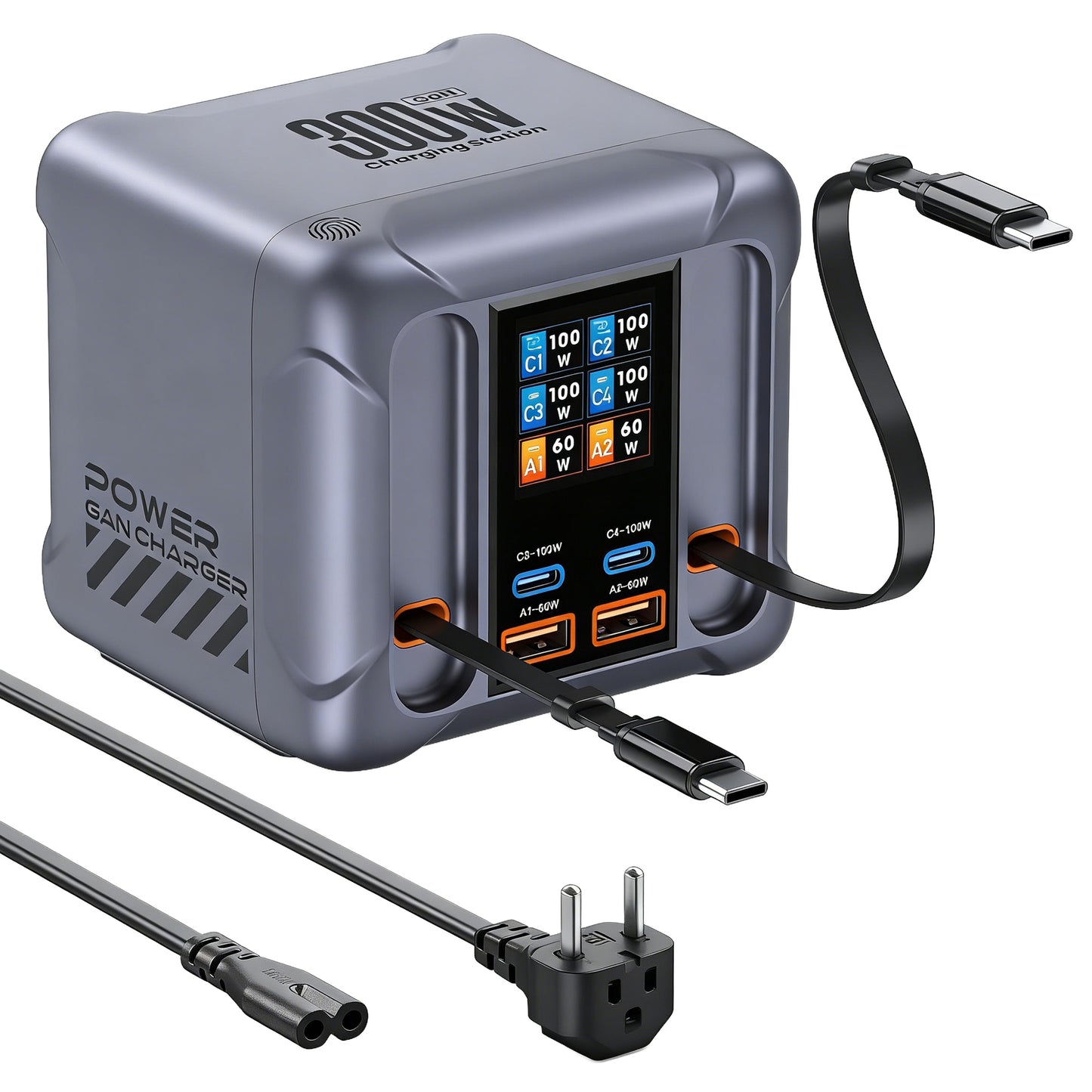 Ladestasjon med USB-C-kabel OEM HW866, 300W, 5A, 2 x USB-A - 2 x USB-C, Grå