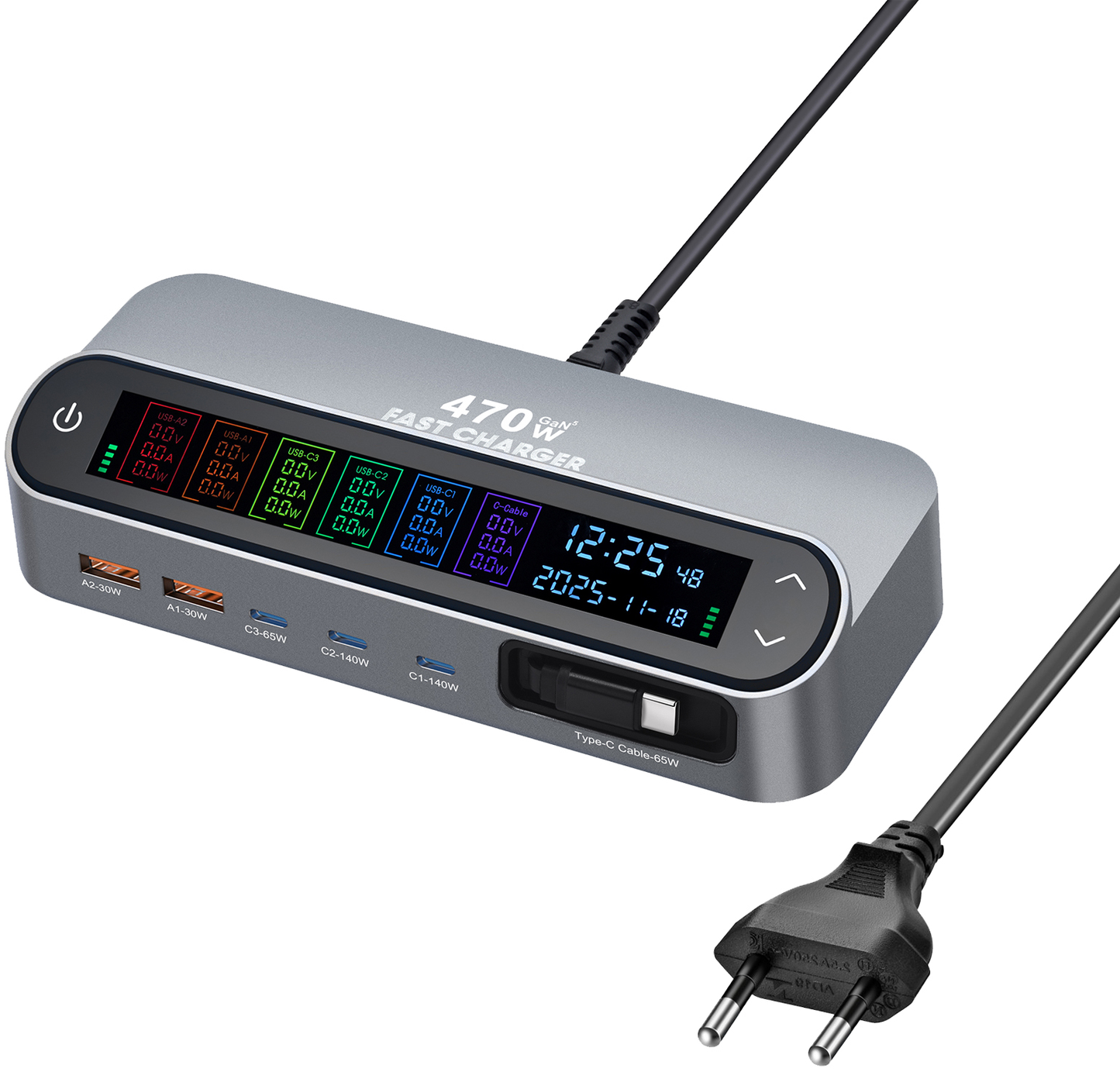 Stasjonslader med USB-C-kabel OEM LCD470W, 470W, 5A, 2 x USB-A - 3 x USB-C, Grå