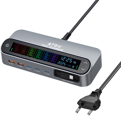 Stasjonslader med USB-C-kabel OEM LCD470W, 470W, 5A, 2 x USB-A - 3 x USB-C, Grå
