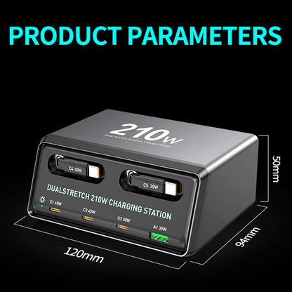 Ladestasjon med USB-C-kabel OEM WLX-60E, 210W, 3A, 1 x USB-A - 3 x USB-C, Grå