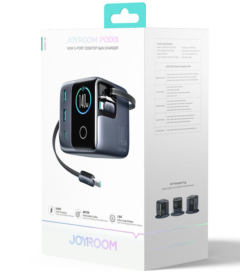 Ladestasjon med USB-C-kabel Joyroom Podix JR-TRD01, 140W, 1 x USB-C - 2 x USB-A, Grå