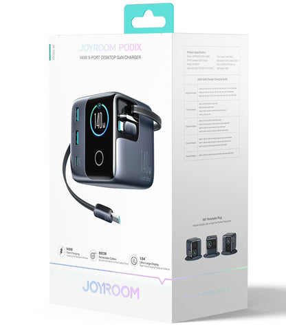 Ladestasjon med USB-C-kabel Joyroom Podix JR-TRD01, 140W, 1 x USB-C - 2 x USB-A, Grå