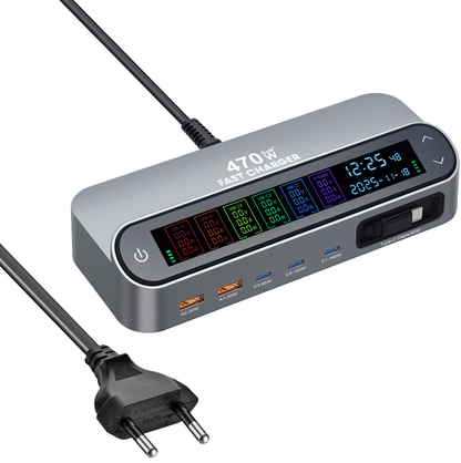 Stasjonslader med USB-C-kabel OEM LCD470W, 470W, 5A, 2 x USB-A - 3 x USB-C, Grå