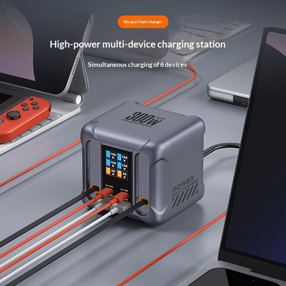 Ladestasjon med USB-C-kabel OEM HW866, 300W, 5A, 2 x USB-A - 2 x USB-C, Grå