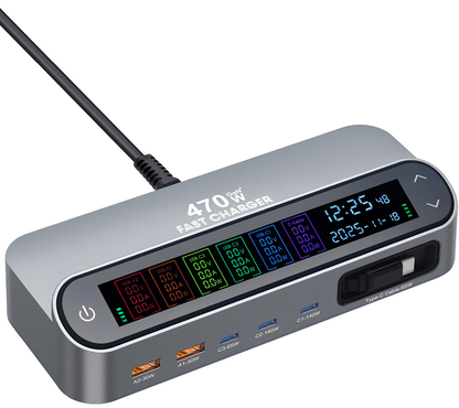 Stasjonslader med USB-C-kabel OEM LCD470W, 470W, 5A, 2 x USB-A - 3 x USB-C, Grå
