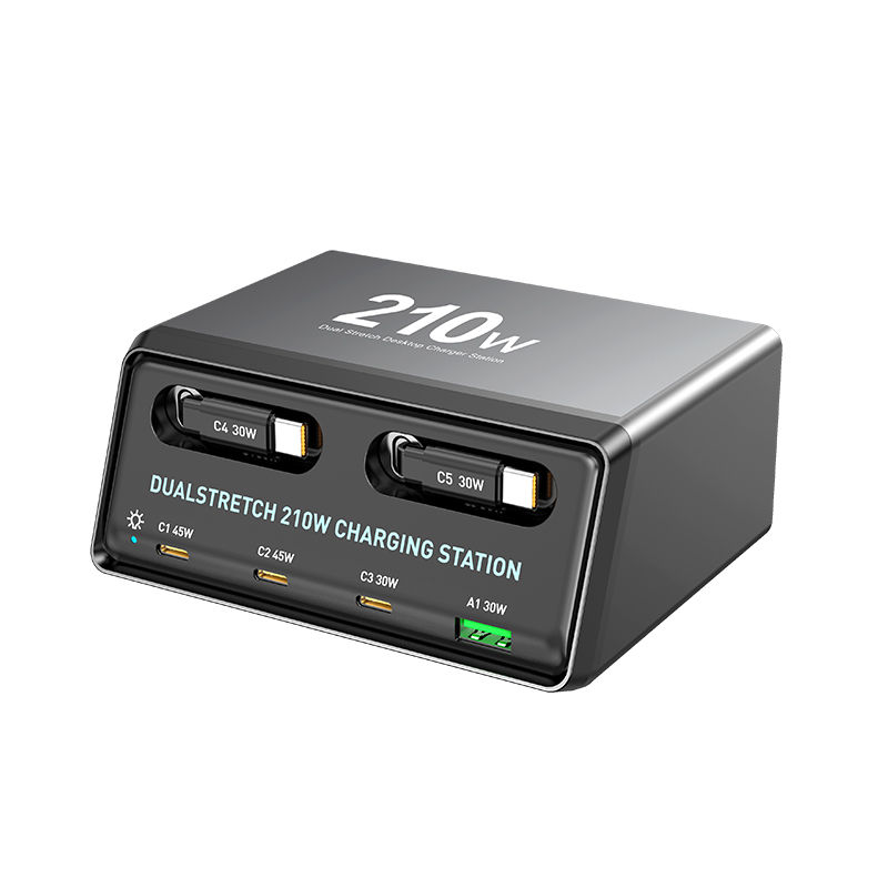 Ladestasjon med USB-C-kabel OEM WLX-60E, 210W, 3A, 1 x USB-A - 3 x USB-C, Grå