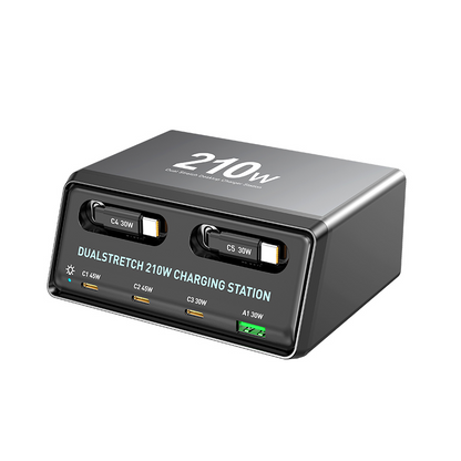 Ladestasjon med USB-C-kabel OEM WLX-60E, 210W, 3A, 1 x USB-A - 3 x USB-C, Grå
