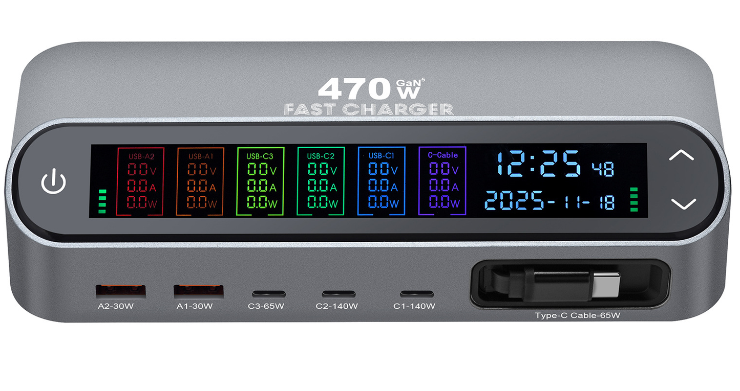 Stasjonslader med USB-C-kabel OEM LCD470W, 470W, 5A, 2 x USB-A - 3 x USB-C, Grå