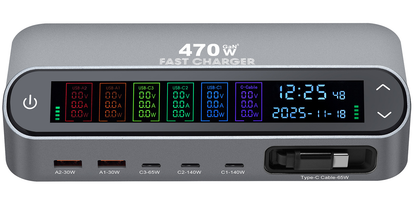 Stasjonslader med USB-C-kabel OEM LCD470W, 470W, 5A, 2 x USB-A - 3 x USB-C, Grå