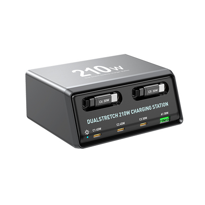 Ladestasjon med USB-C-kabel OEM WLX-60E, 210W, 3A, 1 x USB-A - 3 x USB-C, Grå