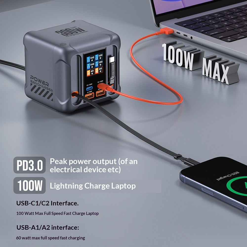 Ladestasjon med USB-C-kabel OEM HW866, 300W, 5A, 2 x USB-A - 2 x USB-C, Grå