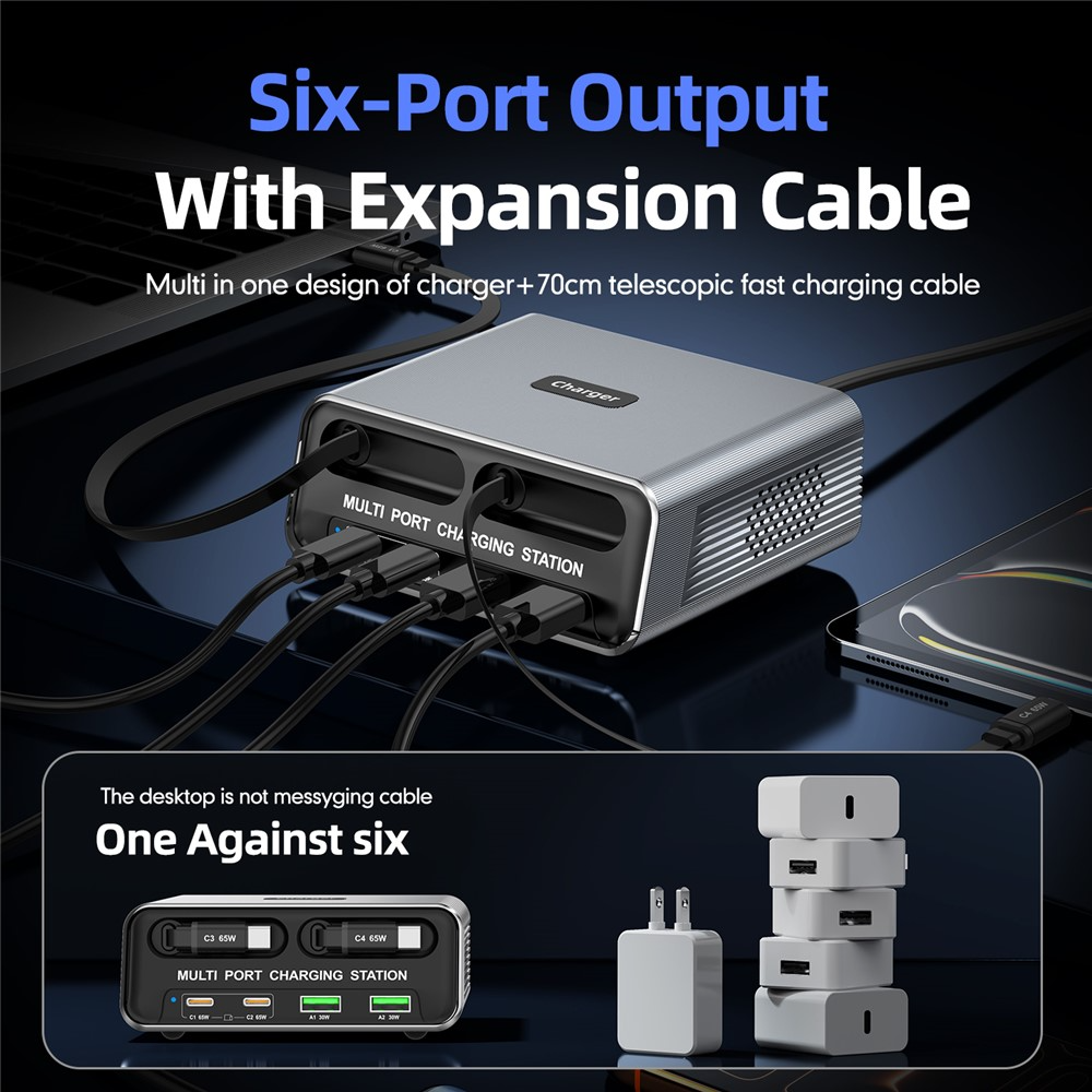 Ladestasjon med USB-C-kabel OEM WLX-60C, 130W, 2 x USB-A - 2 x USB-C, Grå