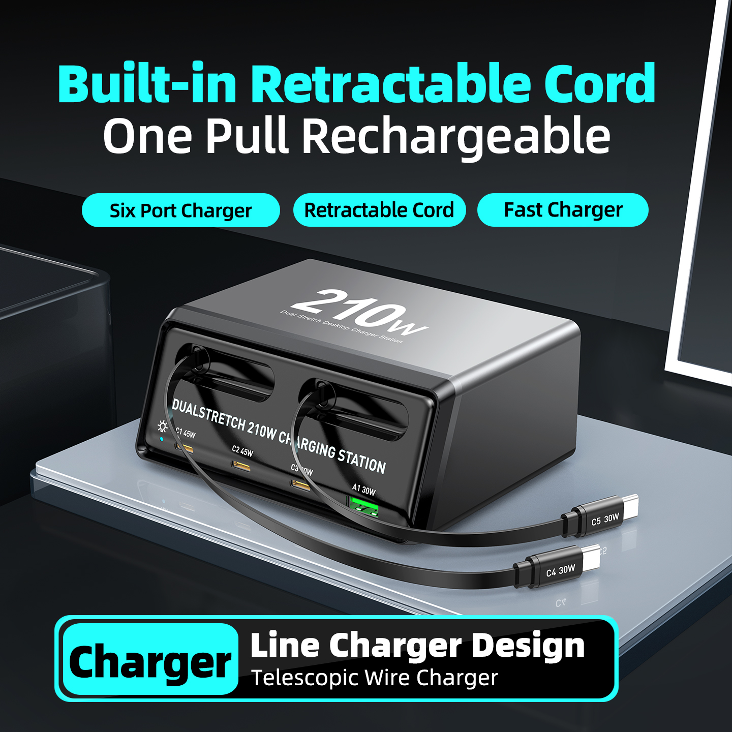 Ladestasjon med USB-C-kabel OEM WLX-60E, 210W, 3A, 1 x USB-A - 3 x USB-C, Grå