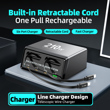 Ladestasjon med USB-C-kabel OEM WLX-60E, 210W, 3A, 1 x USB-A - 3 x USB-C, Grå