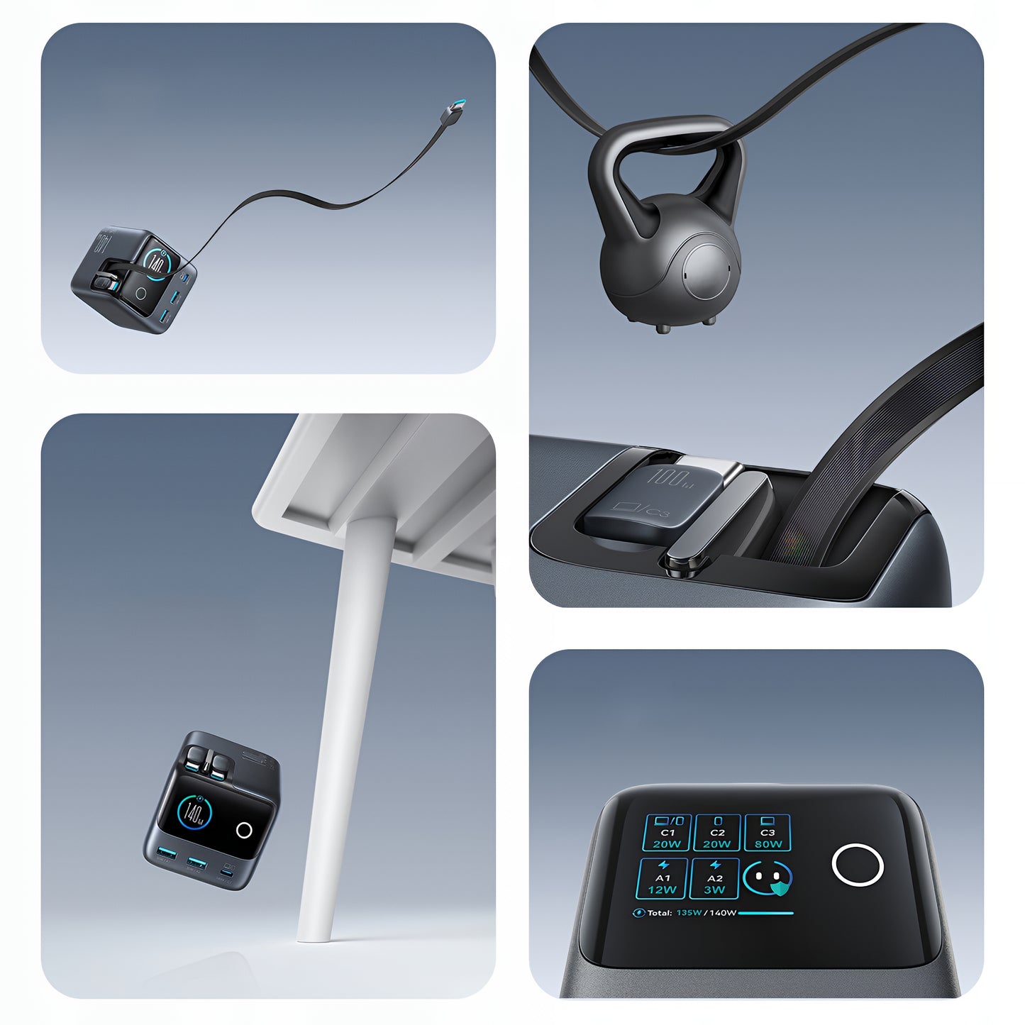 Ladestasjon med USB-C-kabel Joyroom Podix JR-TRD01, 140W, 1 x USB-C - 2 x USB-A, Grå