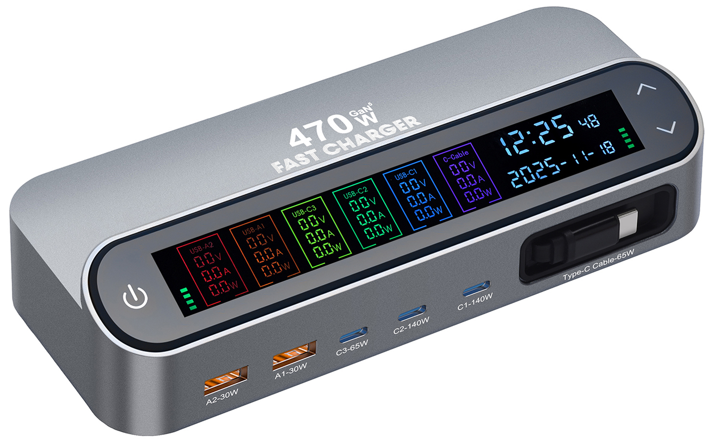 Stasjonslader med USB-C-kabel OEM LCD470W, 470W, 5A, 2 x USB-A - 3 x USB-C, Grå