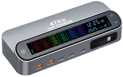 Stasjonslader med USB-C-kabel OEM LCD470W, 470W, 5A, 2 x USB-A - 3 x USB-C, Grå