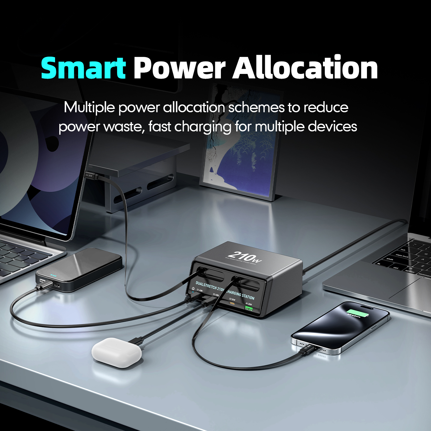 Ladestasjon med USB-C-kabel OEM WLX-60E, 210W, 3A, 1 x USB-A - 3 x USB-C, Grå