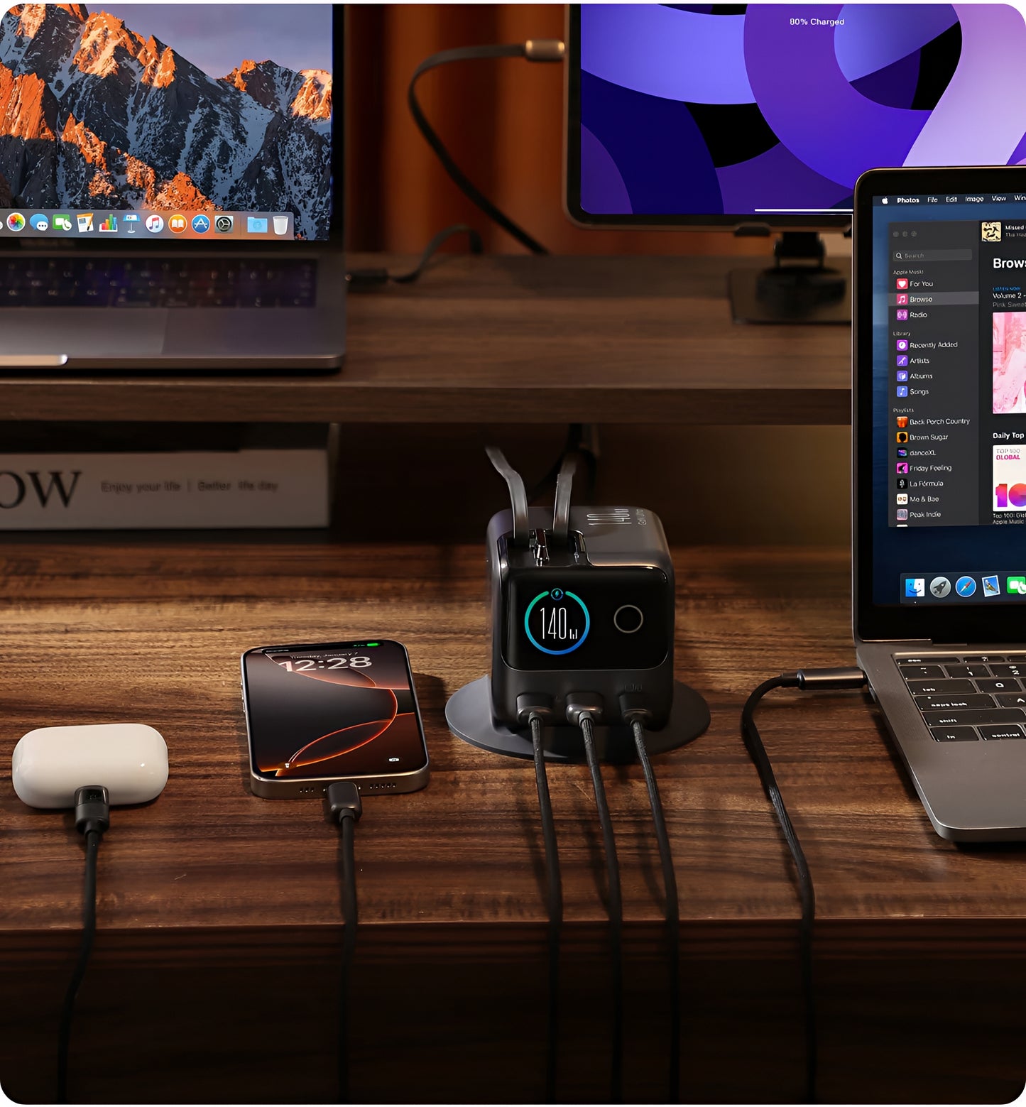 Ladestasjon med USB-C-kabel Joyroom Podix JR-TRD01, 140W, 1 x USB-C - 2 x USB-A, Grå