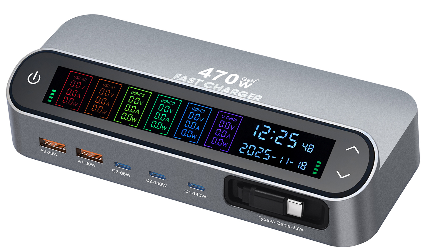 Stasjonslader med USB-C-kabel OEM LCD470W, 470W, 5A, 2 x USB-A - 3 x USB-C, Grå