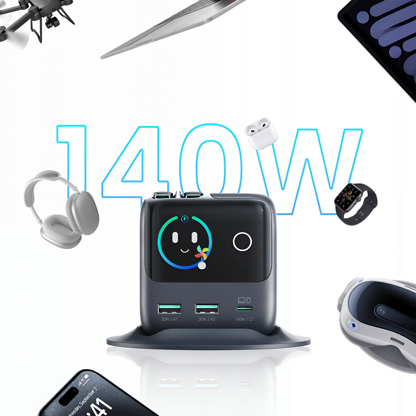 Ladestasjon med USB-C-kabel Joyroom Podix JR-TRD01, 140W, 1 x USB-C - 2 x USB-A, Grå