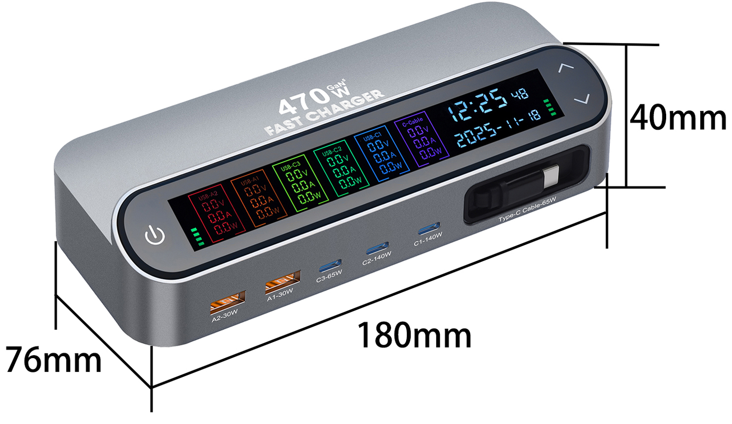 Stasjonslader med USB-C-kabel OEM LCD470W, 470W, 5A, 2 x USB-A - 3 x USB-C, Grå