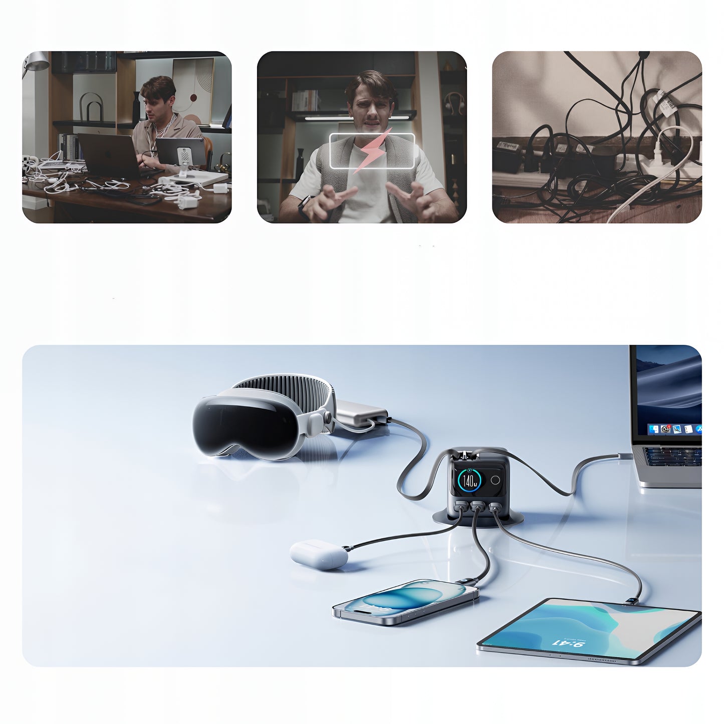 Ladestasjon med USB-C-kabel Joyroom Podix JR-TRD01, 140W, 1 x USB-C - 2 x USB-A, Grå